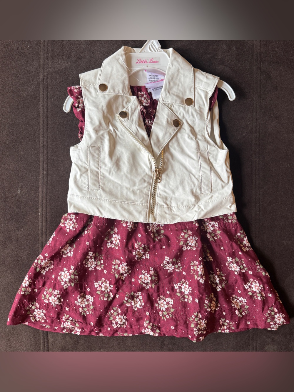 Little Lass Burgundy Smocked Floral Dress with White Faux-Leather Vest